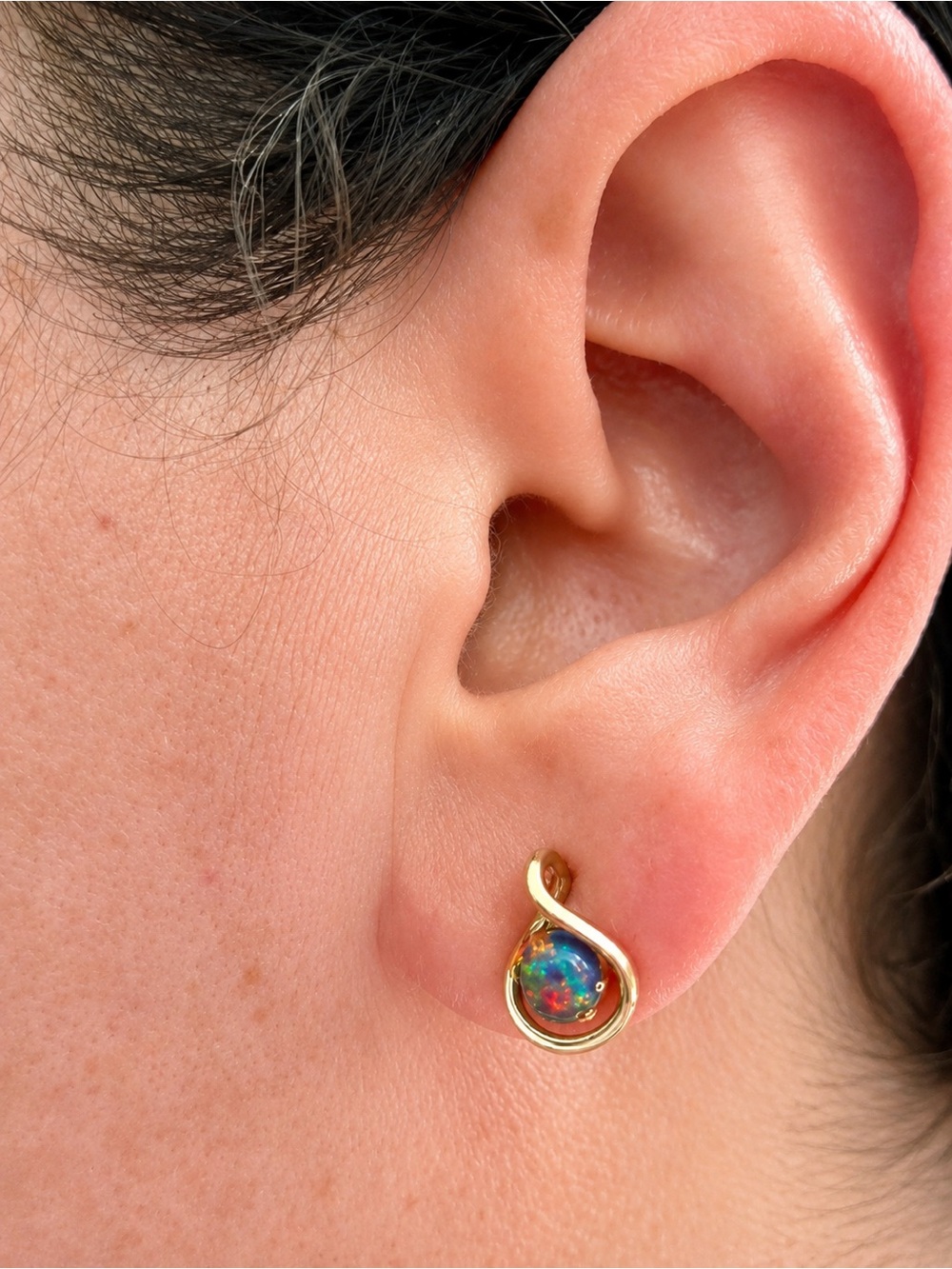 Gold Swirl Stud Earrings Featuring Multicolor Opal Bead